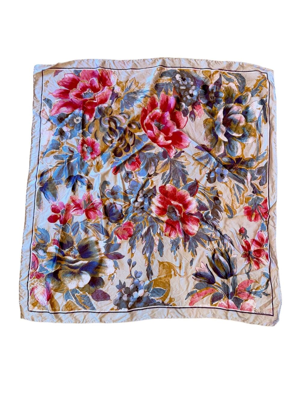Vintage Saldarini Silk Scarf Floral Bird Print Pink Gold Blue